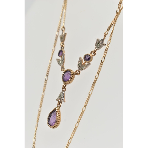 90 - A 9CT GOLD AMETHYST AND DIAMOND NECKLACE, designed as three graduated circular amethysts interspaced... 