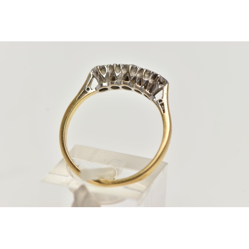 91 - A FIVE STONE DIAMOND RING, designed as a graduated row of diamonds, comprising three brilliant cut c... 