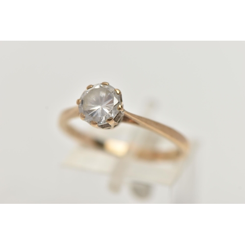 96 - A 9CT GOLD SINGLE STONE CUBIC ZIRCONIA RING, designed a circular cubic zirconia within an eight claw... 