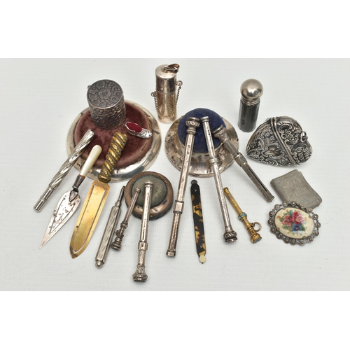 219 - A SMALL PARCEL OF SILVER AND PLATED PROPELLING PENCILS, BOOKMARKS, PIN CUSHIONS, ETC, a number of mo... 