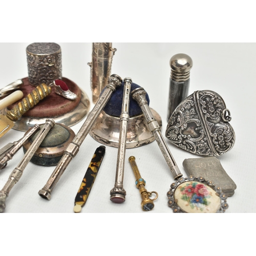 219 - A SMALL PARCEL OF SILVER AND PLATED PROPELLING PENCILS, BOOKMARKS, PIN CUSHIONS, ETC, a number of mo... 