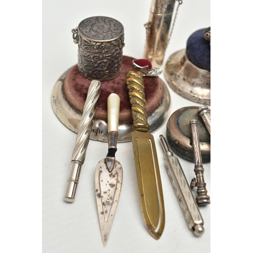 219 - A SMALL PARCEL OF SILVER AND PLATED PROPELLING PENCILS, BOOKMARKS, PIN CUSHIONS, ETC, a number of mo... 