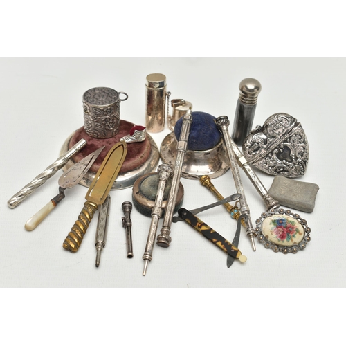 219 - A SMALL PARCEL OF SILVER AND PLATED PROPELLING PENCILS, BOOKMARKS, PIN CUSHIONS, ETC, a number of mo... 