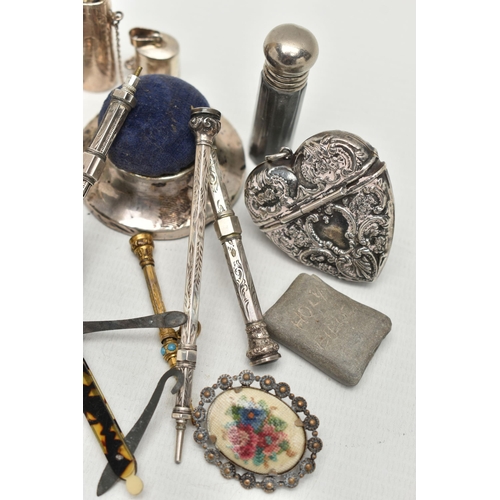 219 - A SMALL PARCEL OF SILVER AND PLATED PROPELLING PENCILS, BOOKMARKS, PIN CUSHIONS, ETC, a number of mo... 