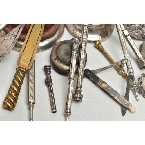 219 - A SMALL PARCEL OF SILVER AND PLATED PROPELLING PENCILS, BOOKMARKS, PIN CUSHIONS, ETC, a number of mo... 