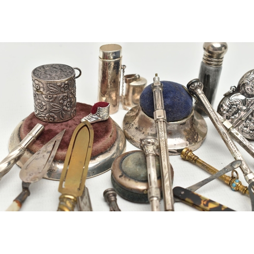 219 - A SMALL PARCEL OF SILVER AND PLATED PROPELLING PENCILS, BOOKMARKS, PIN CUSHIONS, ETC, a number of mo... 