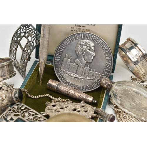 220 - A PARCEL OF SILVER, WHITE METAL AND PLATE, comprising a cased silver medallion commemorating the inv... 