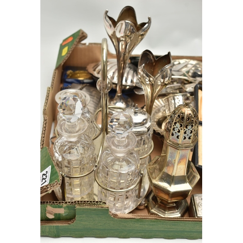 221 - A BOX OF SILVER PLATE, including a rose bowl, shell shaped dishes, photograph frame, bud vases, asso... 