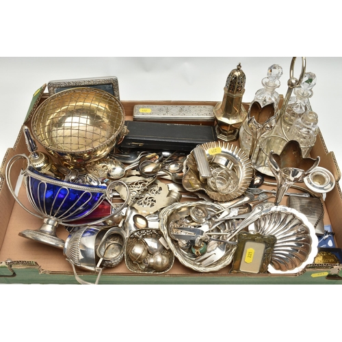 221 - A BOX OF SILVER PLATE, including a rose bowl, shell shaped dishes, photograph frame, bud vases, asso... 