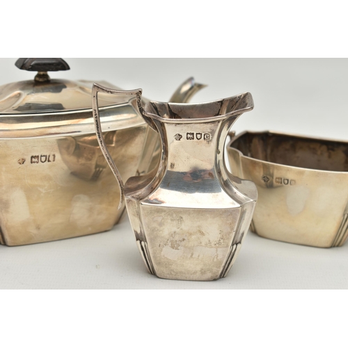 222 - A LATE VICTORIAN SILVER THREE PIECE BACHELORS TEA SET OF SHAPED RECTANGULAR FORM, comprising teapot,... 