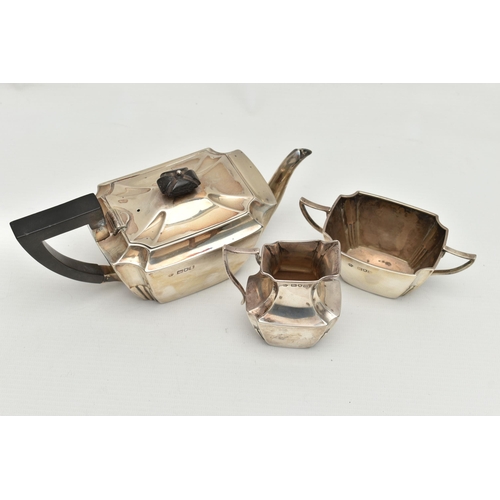 222 - A LATE VICTORIAN SILVER THREE PIECE BACHELORS TEA SET OF SHAPED RECTANGULAR FORM, comprising teapot,... 