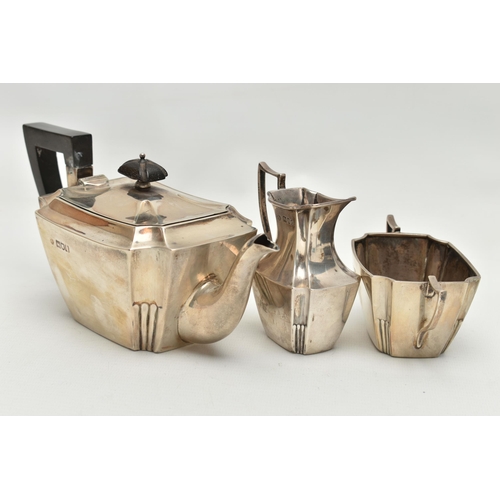 222 - A LATE VICTORIAN SILVER THREE PIECE BACHELORS TEA SET OF SHAPED RECTANGULAR FORM, comprising teapot,... 