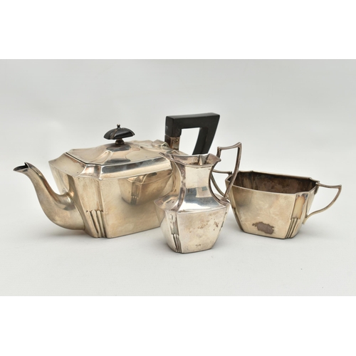 222 - A LATE VICTORIAN SILVER THREE PIECE BACHELORS TEA SET OF SHAPED RECTANGULAR FORM, comprising teapot,... 