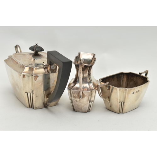 222 - A LATE VICTORIAN SILVER THREE PIECE BACHELORS TEA SET OF SHAPED RECTANGULAR FORM, comprising teapot,... 