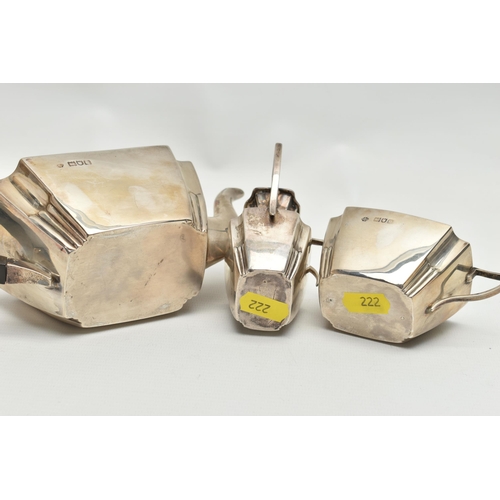 222 - A LATE VICTORIAN SILVER THREE PIECE BACHELORS TEA SET OF SHAPED RECTANGULAR FORM, comprising teapot,... 