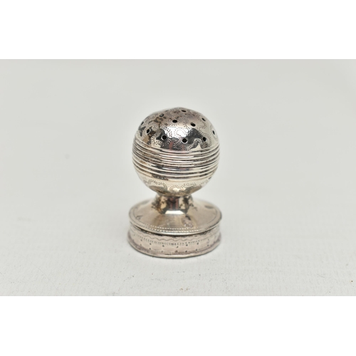 229 - A GEORGE III SILVER COMBINATION POMANDER / PATCH BOX, the spherical top with screw off cover on a sh... 