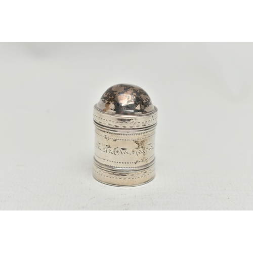 230 - A GEORGE III SILVER NUTMEG GRATER OF CYLINDRICAL FORM, with a domed pull off cover over the grater a... 