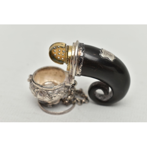 231 - A VICTORIAN SILVER MOUNTED HORN VINAIGRETTE, the hinged cover set with a paste and repoussé decorate... 