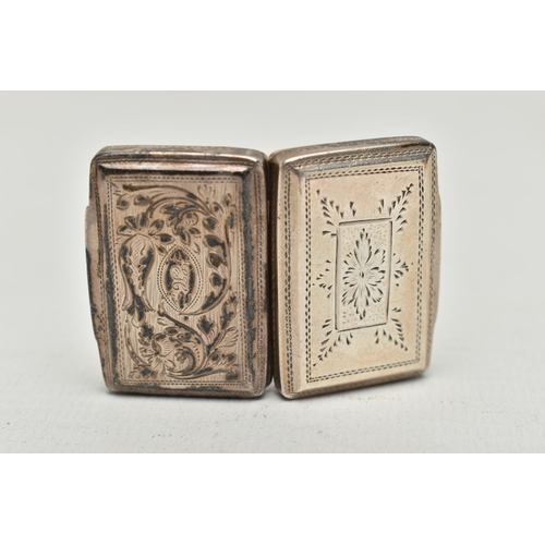 232 - A GEORGE IV SILVER VINAIGRETTE OF RECTANGULAR FORM, foliate engraved decoration and oval cartouche w... 