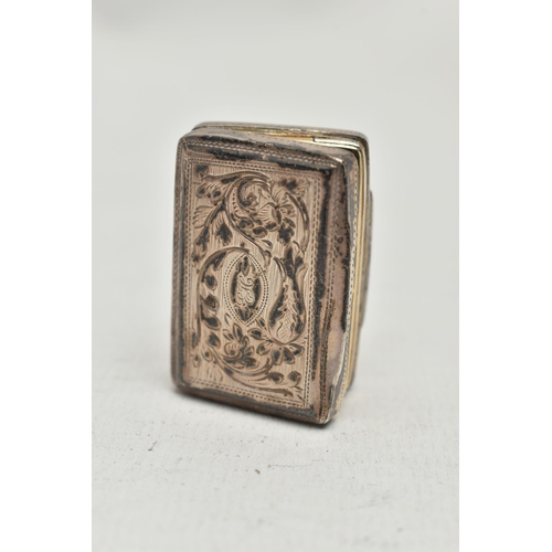 232 - A GEORGE IV SILVER VINAIGRETTE OF RECTANGULAR FORM, foliate engraved decoration and oval cartouche w... 