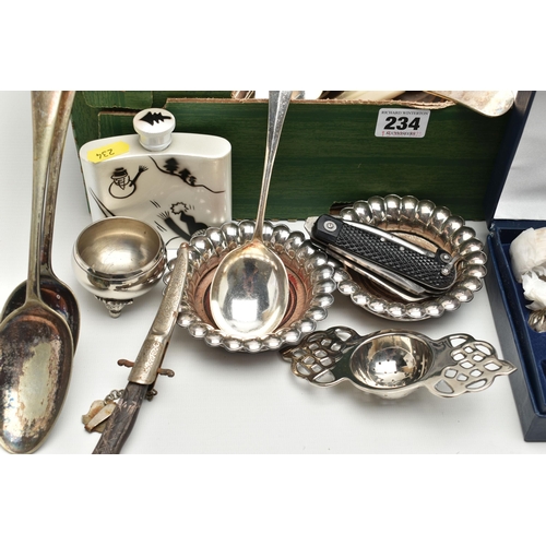 234 - A BOX OF SILVER PLATE AND OTHER METALWARE, including a pair of Old Sheffield Plate fluted oval candl... 