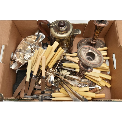 234 - A BOX OF SILVER PLATE AND OTHER METALWARE, including a pair of Old Sheffield Plate fluted oval candl... 