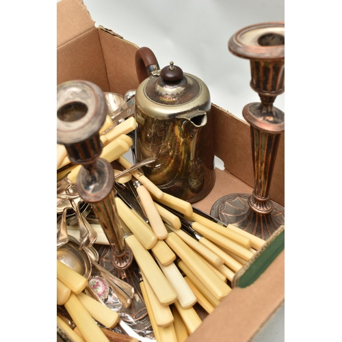 234 - A BOX OF SILVER PLATE AND OTHER METALWARE, including a pair of Old Sheffield Plate fluted oval candl... 