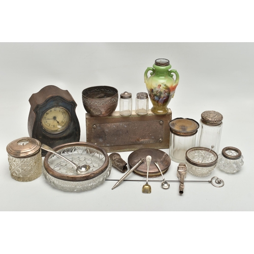 235 - A PARCEL OF SILVER MOUNTED TOILET JARS, CONDIMENT SPOONS, HATPIN, ETC, including a George V silver m... 