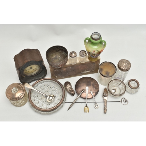 235 - A PARCEL OF SILVER MOUNTED TOILET JARS, CONDIMENT SPOONS, HATPIN, ETC, including a George V silver m... 