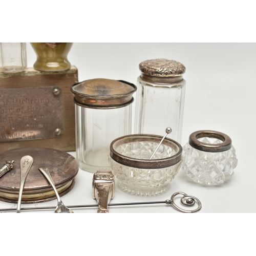 235 - A PARCEL OF SILVER MOUNTED TOILET JARS, CONDIMENT SPOONS, HATPIN, ETC, including a George V silver m... 