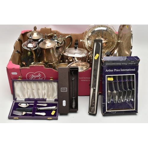 236 - A BOX OF SILVERPLATE, STAINLESS STEEL, ETC, including a boxed silver handled cake knife, makers Vine... 