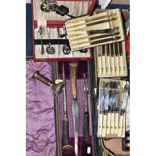 237 - A GEORGE V SILVER DWARF CANDLESTICK AND TWO BOXES OF CASED AND LOOSE PLATED AND STAINLESS CUTLERY AN... 