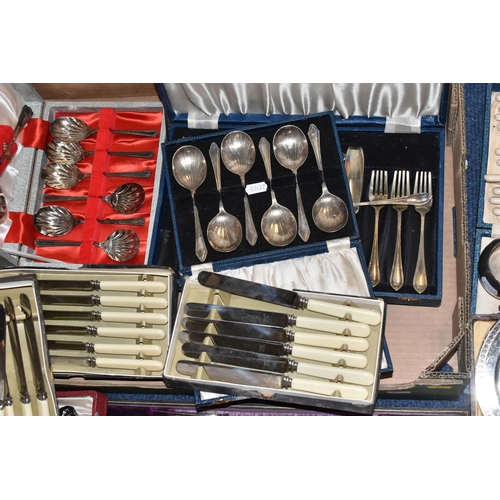 237 - A GEORGE V SILVER DWARF CANDLESTICK AND TWO BOXES OF CASED AND LOOSE PLATED AND STAINLESS CUTLERY AN... 