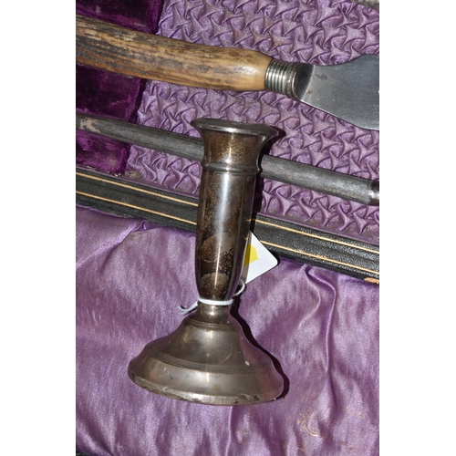 237 - A GEORGE V SILVER DWARF CANDLESTICK AND TWO BOXES OF CASED AND LOOSE PLATED AND STAINLESS CUTLERY AN... 