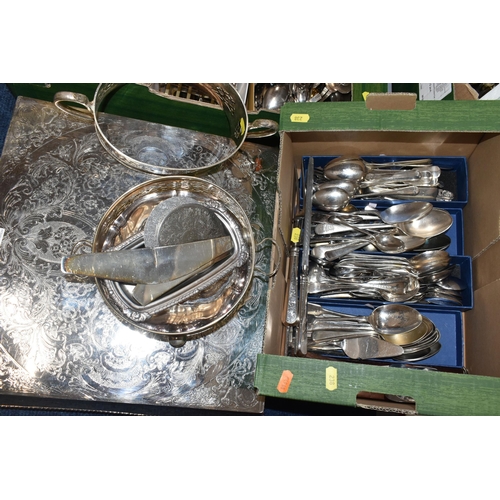 238 - TWO LATE 20TH CENTURY SILVER PLATED WEDDING CAKE STANDS AND TWO BOXES OF SILVER PLATE, one cake stan... 