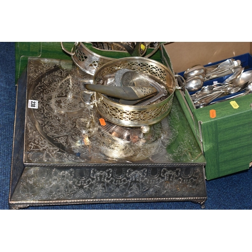 238 - TWO LATE 20TH CENTURY SILVER PLATED WEDDING CAKE STANDS AND TWO BOXES OF SILVER PLATE, one cake stan... 