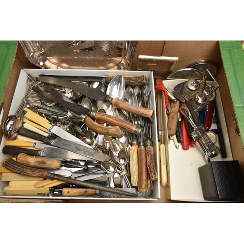 241 - A BOX OF ASSORTED LOOSE CUTLERY AND FLATWARE AND TWO PART CANTEENS OF PLATED CUTLERY, mostly Old Eng... 