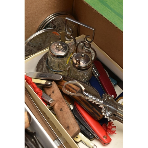 241 - A BOX OF ASSORTED LOOSE CUTLERY AND FLATWARE AND TWO PART CANTEENS OF PLATED CUTLERY, mostly Old Eng... 