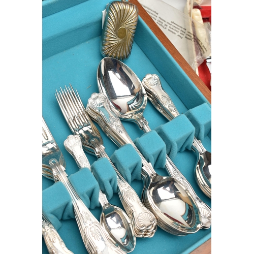 242 - A TEAK CASED CANTEEN OF SILVER PLATED KINGS PATTERN CUTLERY AND A SMALL BOX OF CUTLERY AND SILVER PL... 