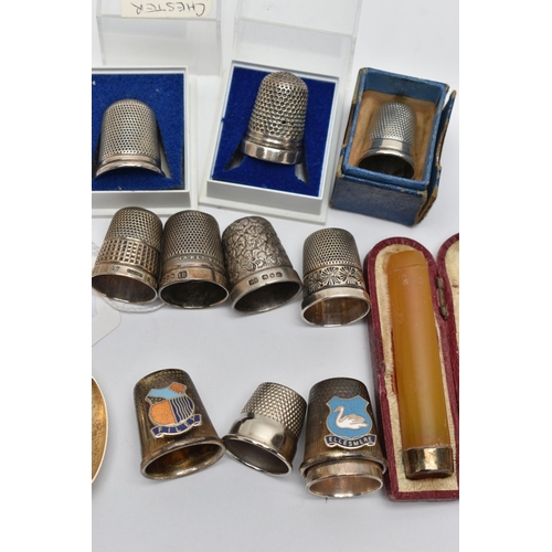 245 - A SELECTION OF SILVER THIMBLES AND TEASPOONS, to include seven thimbles all with full silver hallmar... 