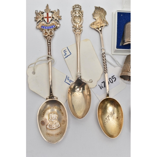 245 - A SELECTION OF SILVER THIMBLES AND TEASPOONS, to include seven thimbles all with full silver hallmar... 