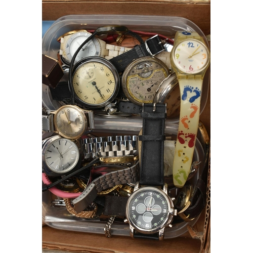 246 - A BOX OF ASSORTED ITEMS, to include a quantity of ladys and gents watches names to include 'Swatch, ... 