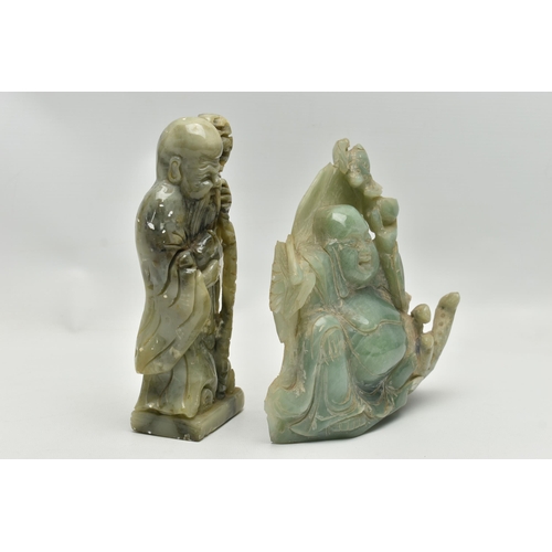 247 - TWO HARD STONE CARVINGS, the first a light green jade carving of happy Buddha, approximate dimension... 