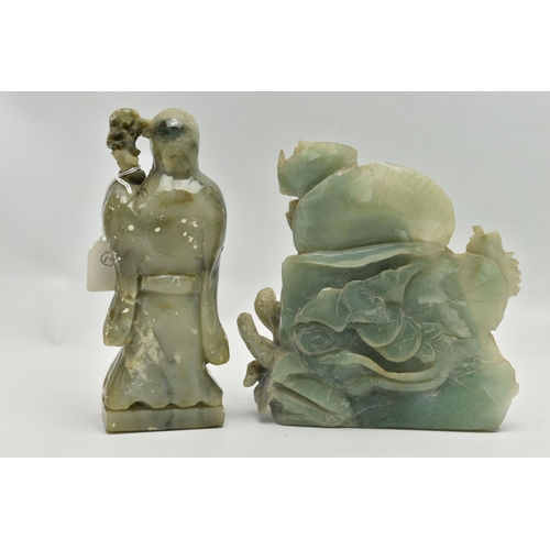 247 - TWO HARD STONE CARVINGS, the first a light green jade carving of happy Buddha, approximate dimension... 