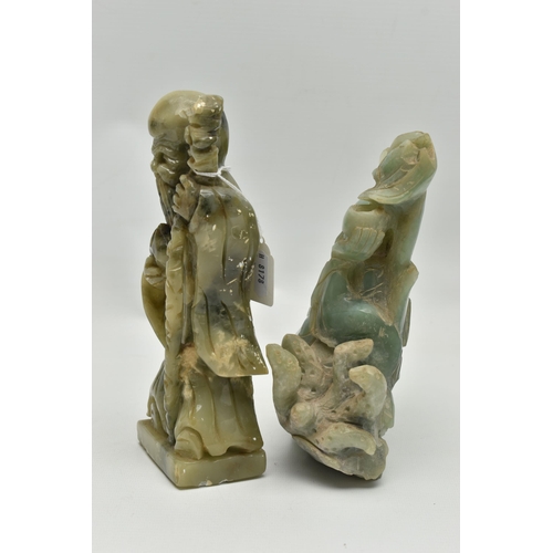 247 - TWO HARD STONE CARVINGS, the first a light green jade carving of happy Buddha, approximate dimension... 