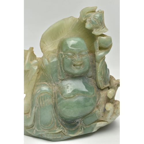 247 - TWO HARD STONE CARVINGS, the first a light green jade carving of happy Buddha, approximate dimension... 