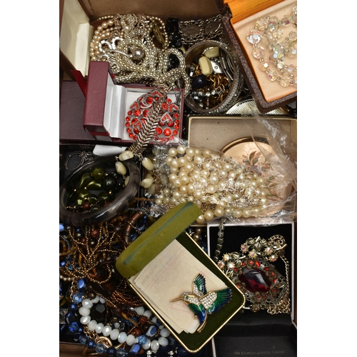 248 - TWO BOXES OF ASSORTED COSTUME JEWELLERY, to include various beaded necklaces, imitation pearl neckla... 