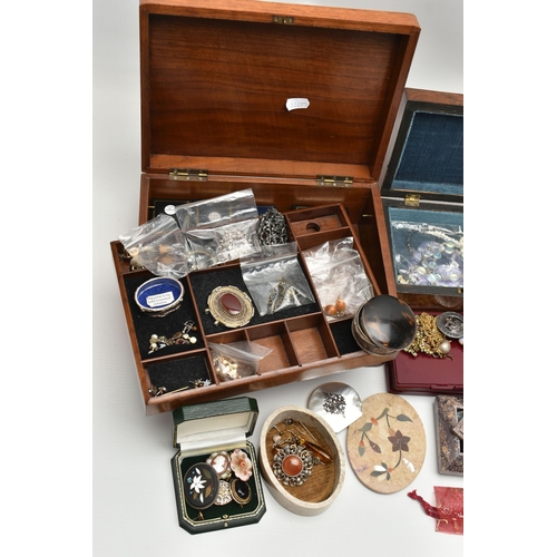 250 - A BOX OF ASSORTED ITEMS, to include two Victorian wooden hinged jewellery boxes, a bevelled glass tr... 