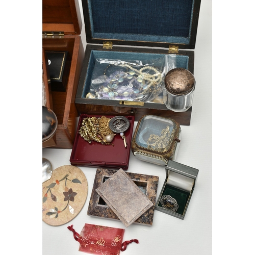 250 - A BOX OF ASSORTED ITEMS, to include two Victorian wooden hinged jewellery boxes, a bevelled glass tr... 