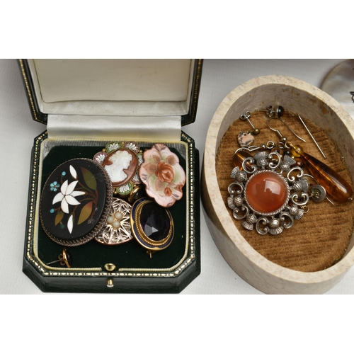 250 - A BOX OF ASSORTED ITEMS, to include two Victorian wooden hinged jewellery boxes, a bevelled glass tr... 